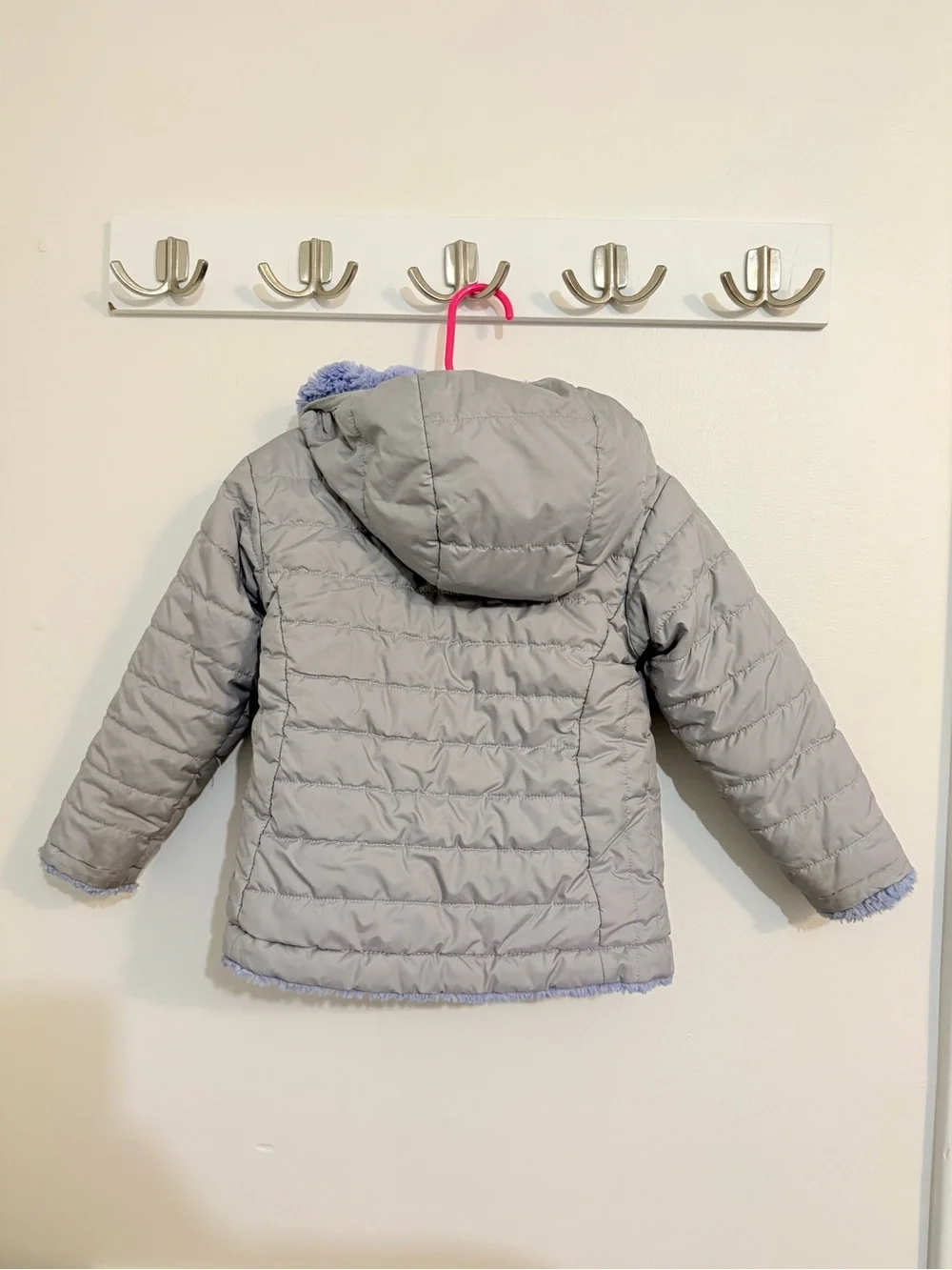 The North Face Light Gray Reversible Puffer Jacket with Purple Lining